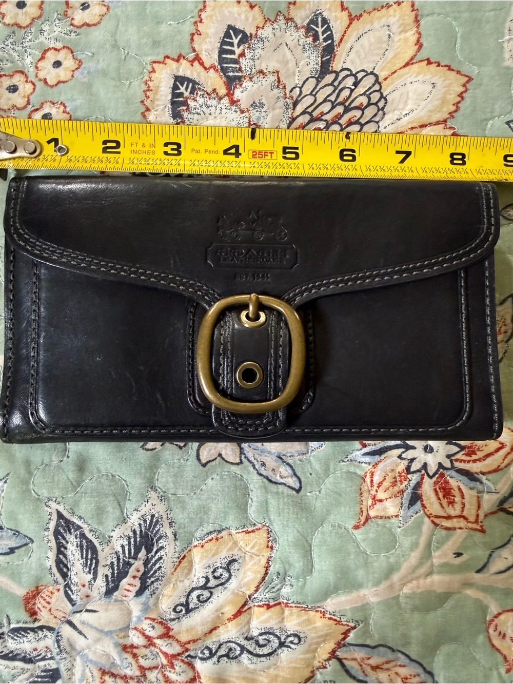 Coach Black Leather Tattersall Bleeker Checkbook Wallet with Brass Buckle